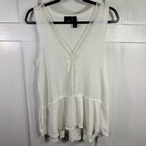 Daytrip White Waffle Knit Lace Trim Peplum Tank Top Women's Size Medium